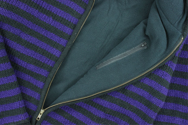 Hand Knitted Wool Hooded Jacket Cardigan - Stripe Purple Black