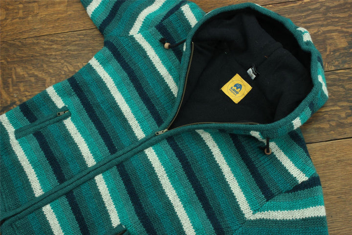 Hand Knitted Wool Hooded Jacket Cardigan - Stripe Teal