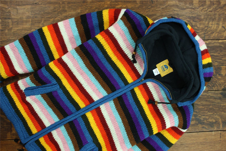 Hand Knitted Wool Hooded Jacket Cardigan - Stripe Progress Rainbow