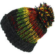 Wool Knit Beanie Bobble Hat - Rasta