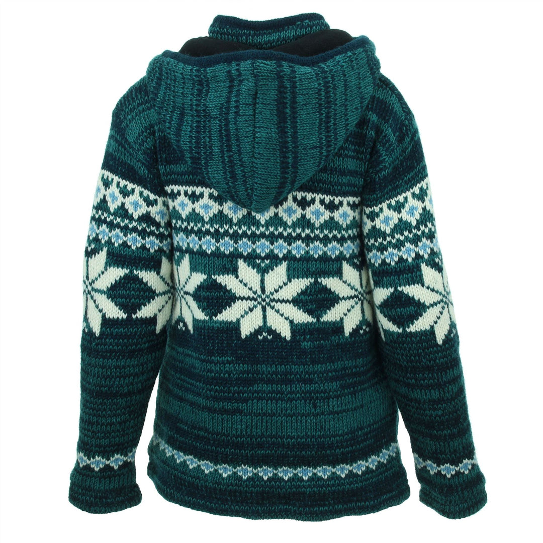 Hand Knitted Wool Hooded Jacket Cardigan Ladies Cut - Fairisle Teal