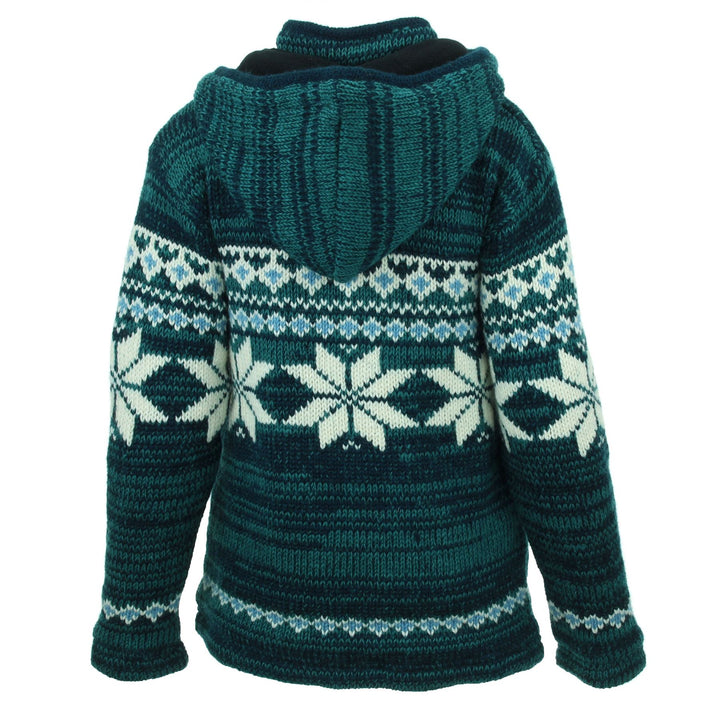 Hand Knitted Wool Hooded Jacket Cardigan Ladies Cut - Fairisle Teal