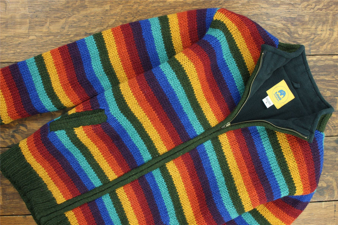 Hand Knitted Wool Jacket Cardigan - Stripe Dark Rainbow