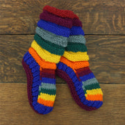 Hand Knitted Wool Slipper Socks Lined - Stripe Rainbow 2