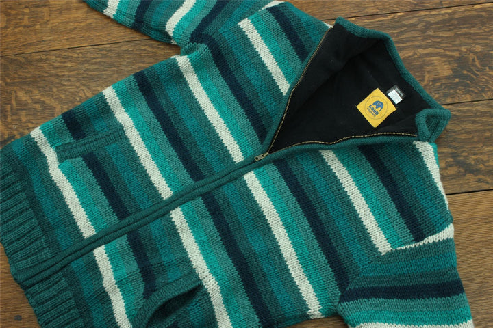 Hand Knitted Wool Jacket Cardigan - Stripe Teal