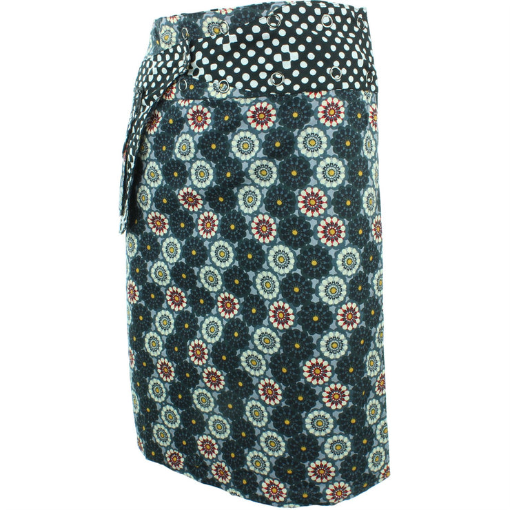 Reversible Popper Wrap Knee Length Skirt - Kaleidoscope / Mono Dots