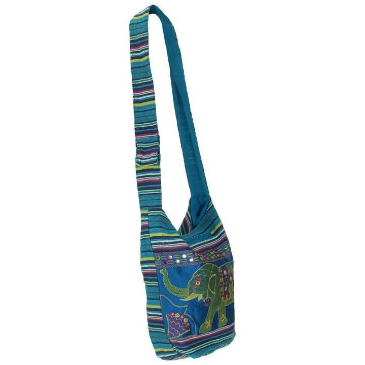Embroidered Elephant Canvas Sling Shoulder Bag - Light Blue