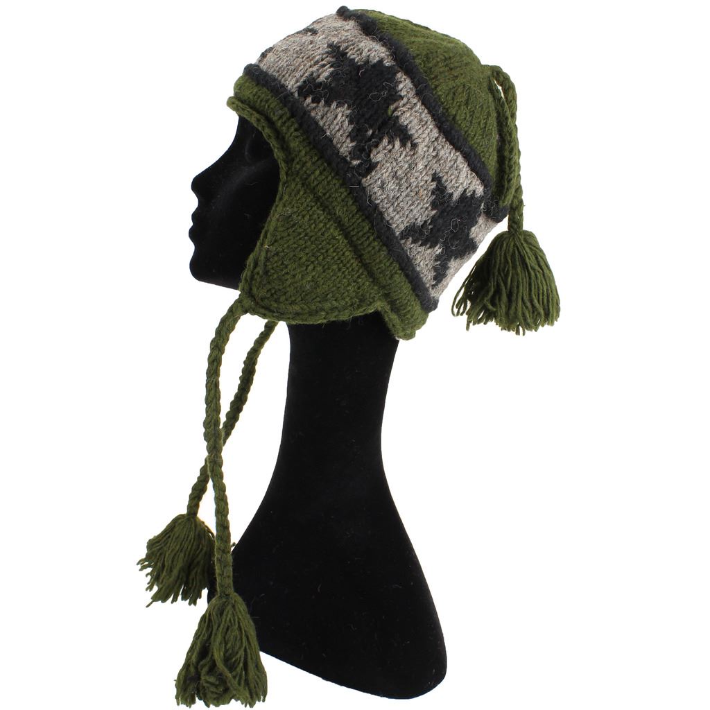 Wool Knit Earflap Tassel Hat - Star Green
