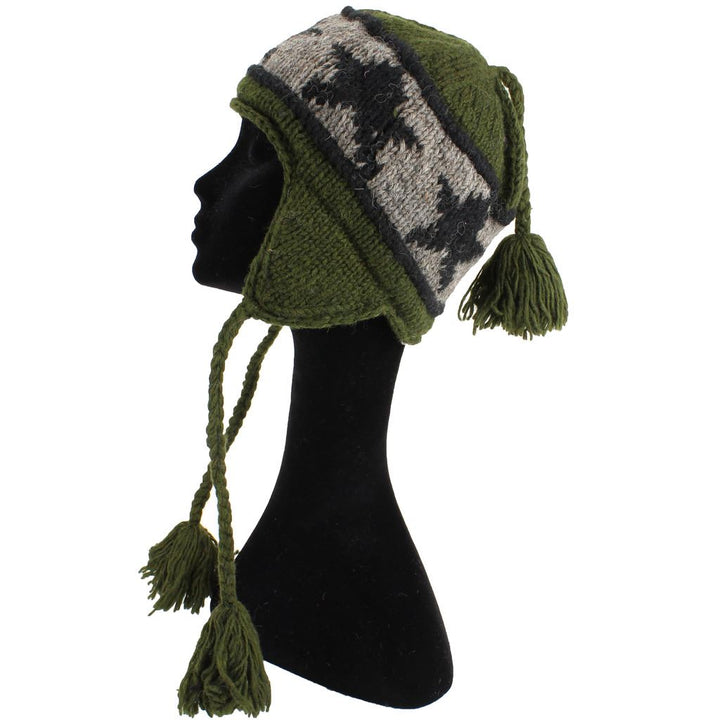 Wool Knit Earflap Tassel Hat - Star Green