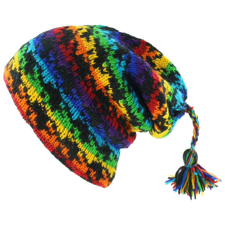 Wool Knit Tassel Beanie Hat - Rainbow Houndstooth