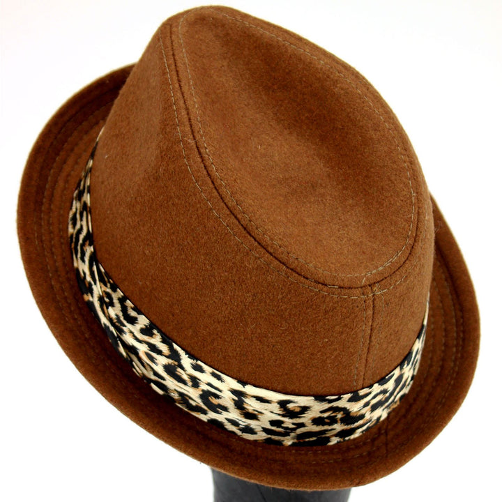Women's felt rolled brim trilby hat with satin leopard print band - Brown (57cm)