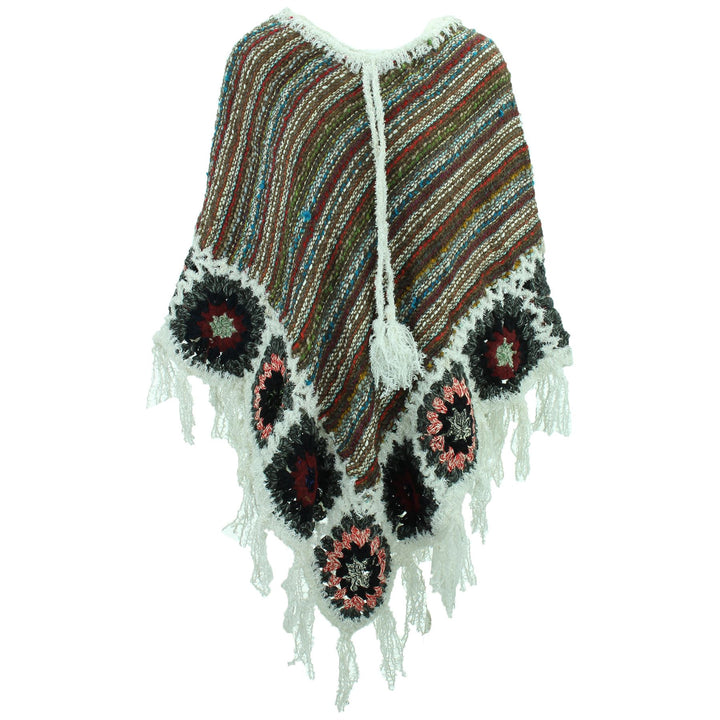 Granny Squares Crochet Poncho Long - Brown Multi/White