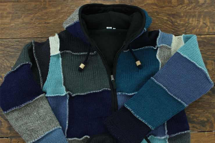 Wool Knit Patchwork Hooded Jacket - Blue