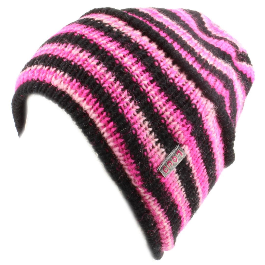 Wool Knit Ridge Beanie Hat with Fleece Lining - Black & Pink Space Dye