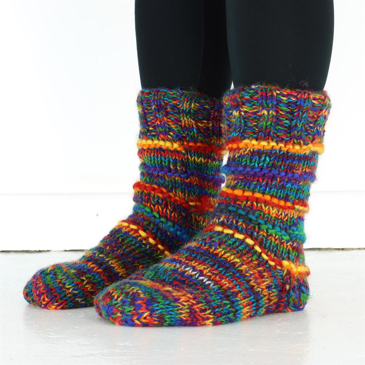 Hand Knitted Wool Slipper Socks Lined - SD Rainbow Rib