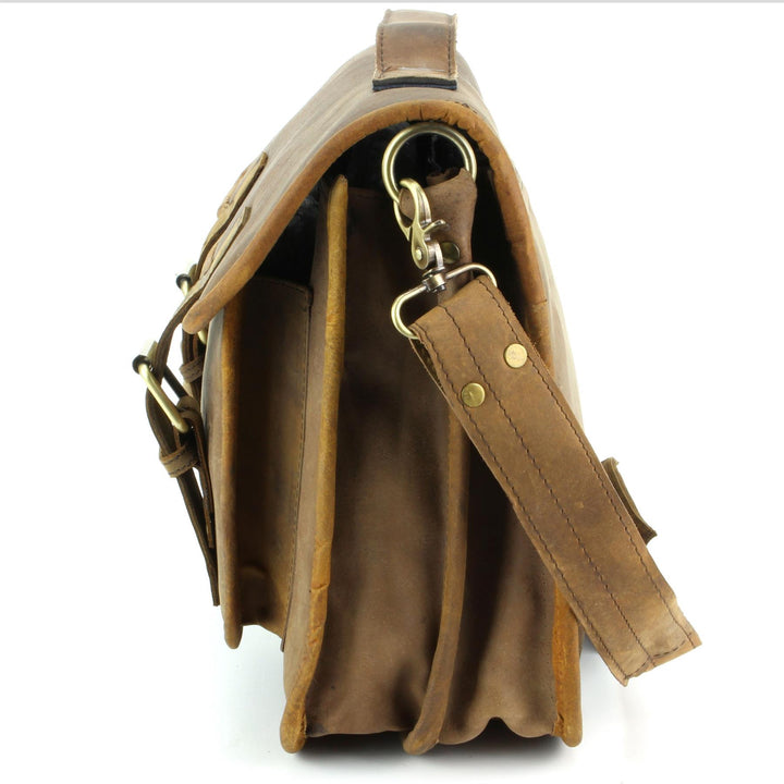 Real Leather Two Compartment Satchel - Light Brown