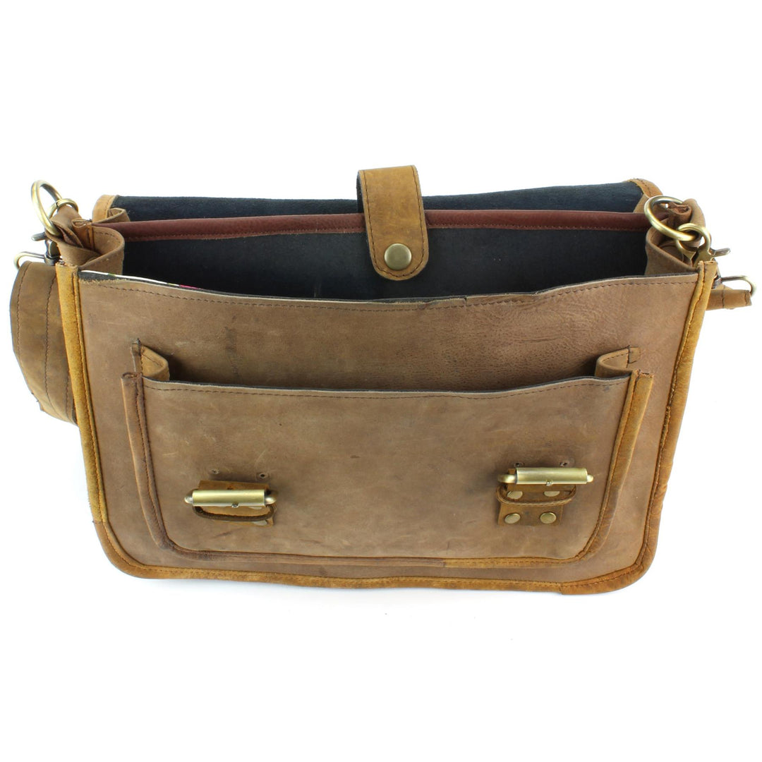 Real Leather Two Compartment Satchel - Light Brown