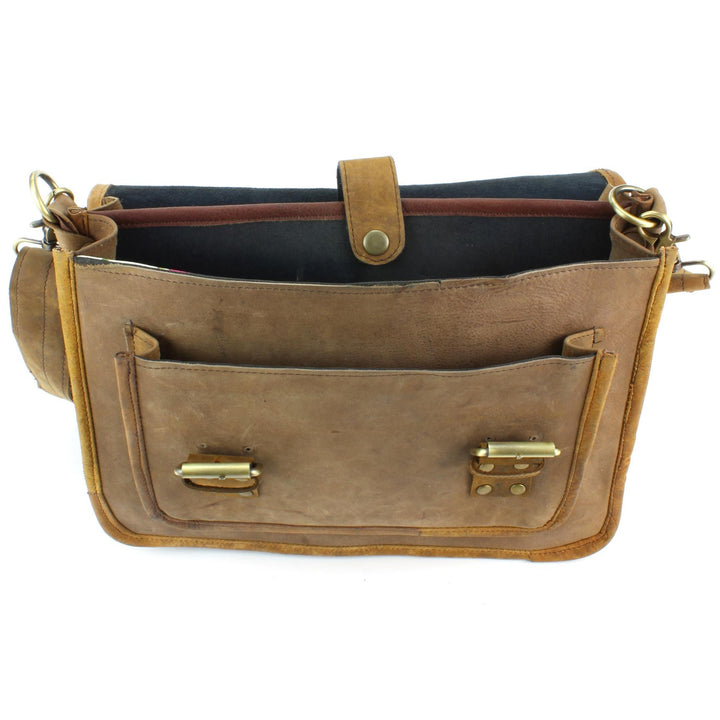 Real Leather Two Compartment Satchel - Light Brown