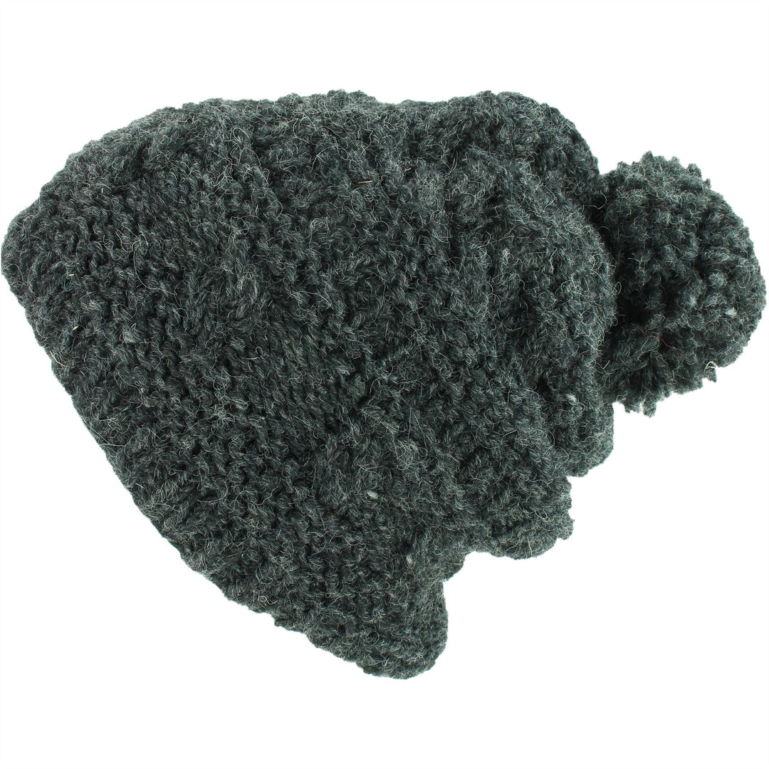Wool Knit Bobble Beanie Hat - Charcoal Grey