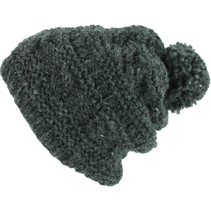 Wool Knit Bobble Beanie Hat - Charcoal Grey