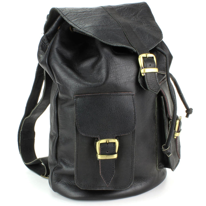 Real Leather Backpack with Two Front Pockets - Black
