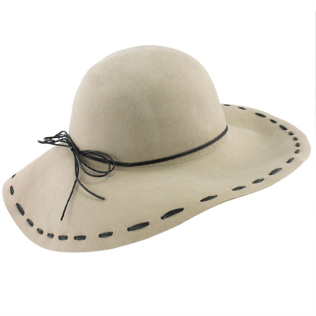 100% Wool felt wide brim floppy hat with cord band - Beige (57cm)