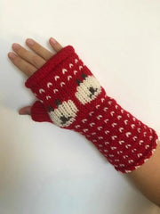 Wool Knit Fleece Lined  Wrist Warmers - Sheep Red
