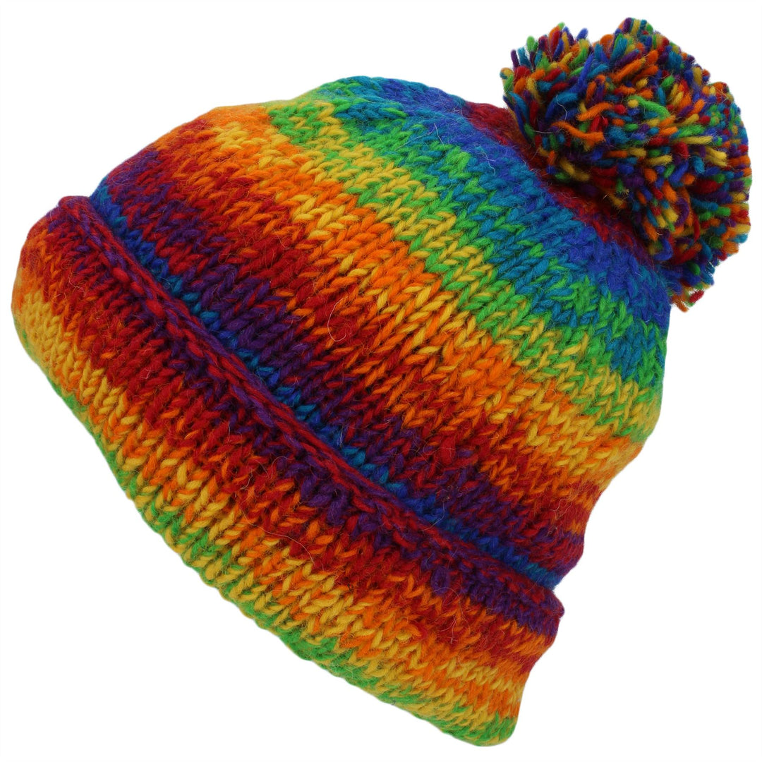 Chunky Wool Knit Baggy Slouch Beanie Bobble Hat - Rainbow