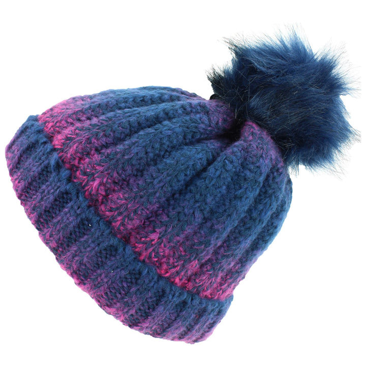 Colour Fade Bobble Beanie Hat with Faux Fur Pom - Navy