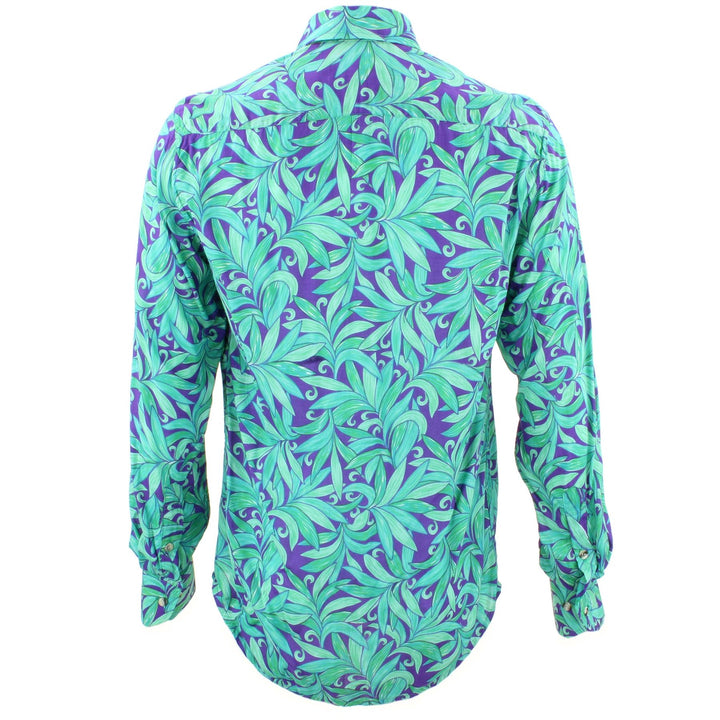 Tailored Fit Long Sleeve Shirt - Green Leaves on Purple