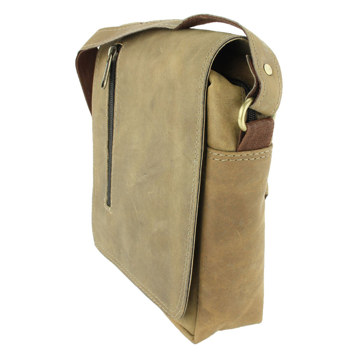 Real Leather Shoulder Bag with Front Zip - Brown