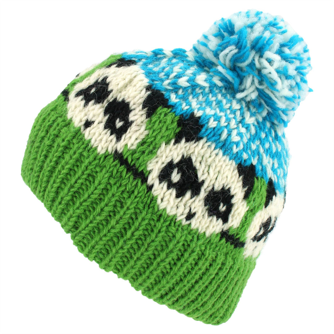 Wool Knit Bobble Beanie Hat - Panda - Green Blue