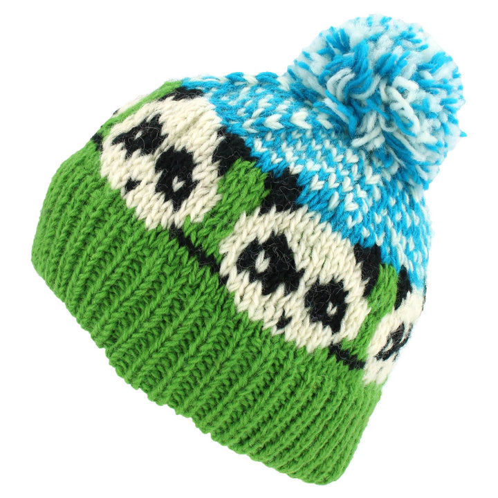 Wool Knit Bobble Beanie Hat - Panda - Green Blue