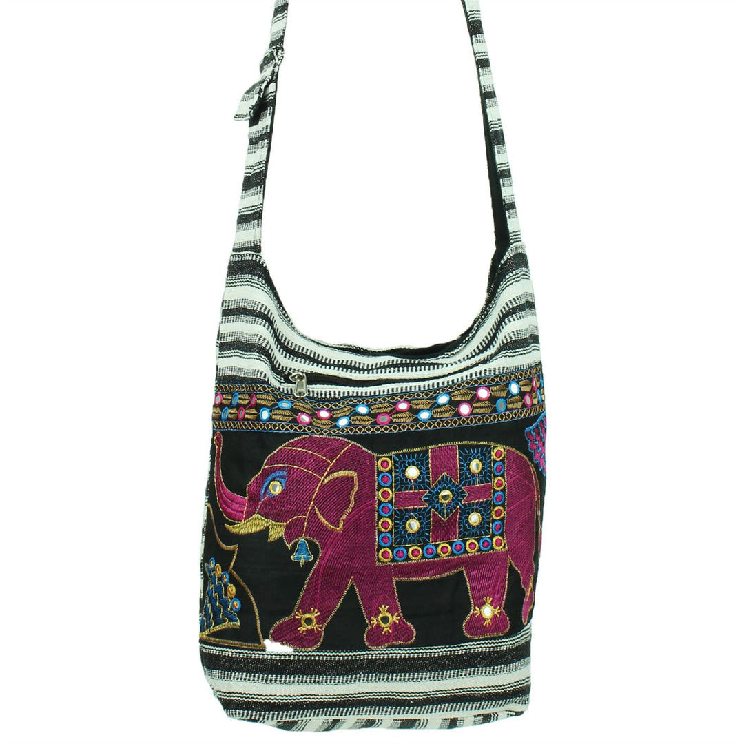 Embroidered Elephant Canvas Sling Shoulder Bag - Black White