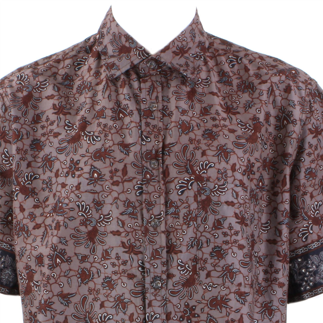 Regular Fit Short Sleeve Shirt - Grey & Red Abstract