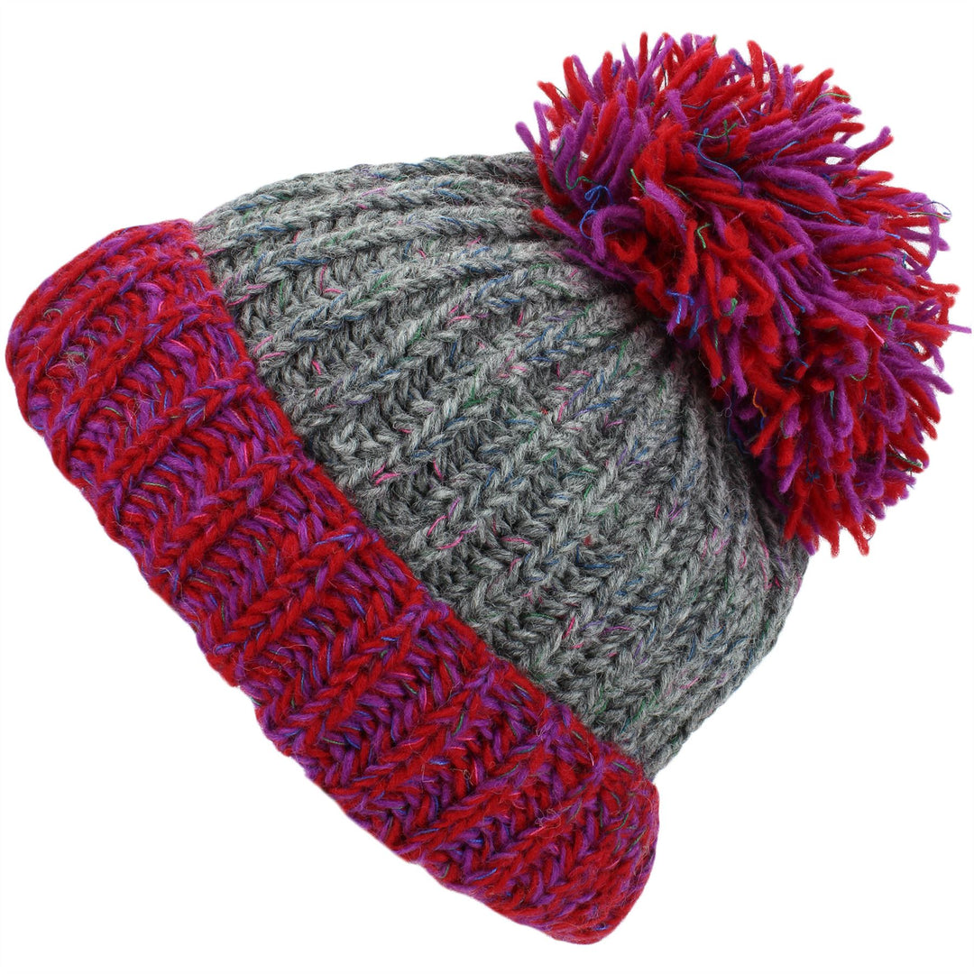 Chunky Wool Knit Baggy Slouch Beanie Hat with Contrast Turn-up and Bobble - Grey