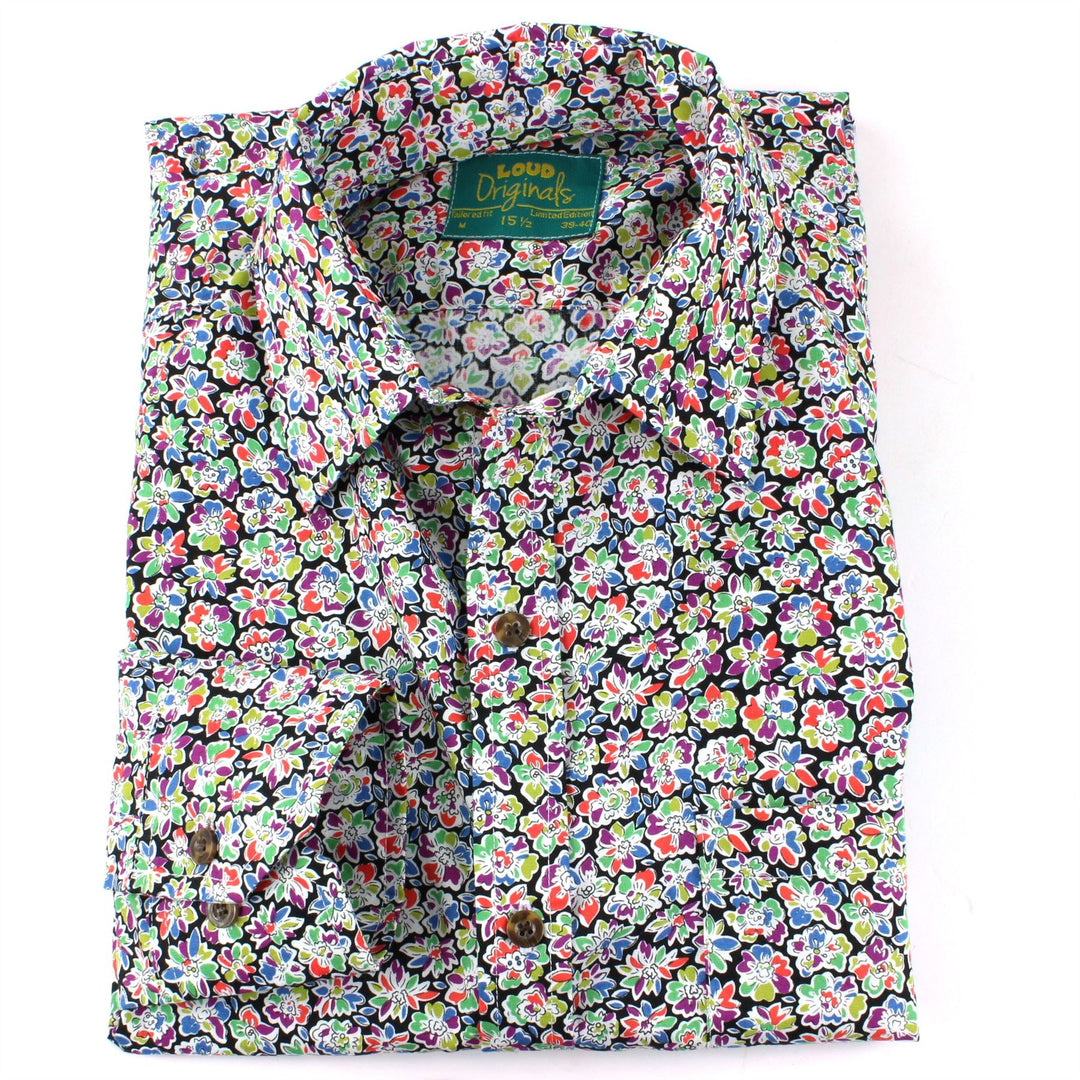 Tailored Fit Long Sleeve Shirt - Small Colourful Floral on Black