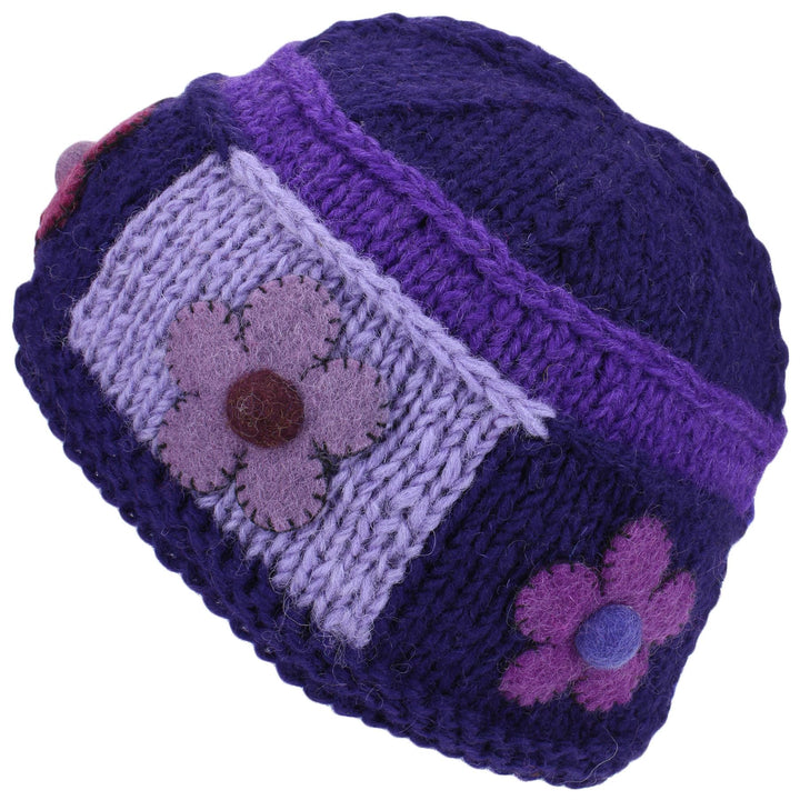 Ladies Wool Knit Beanie Hat with Flower Patch Design - Purple