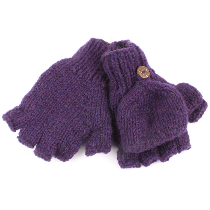 Chunky Wool Knit Fingerless Shooter Gloves - Plain - Purple
