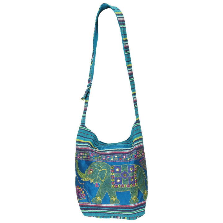 Embroidered Elephant Canvas Sling Shoulder Bag - Light Blue