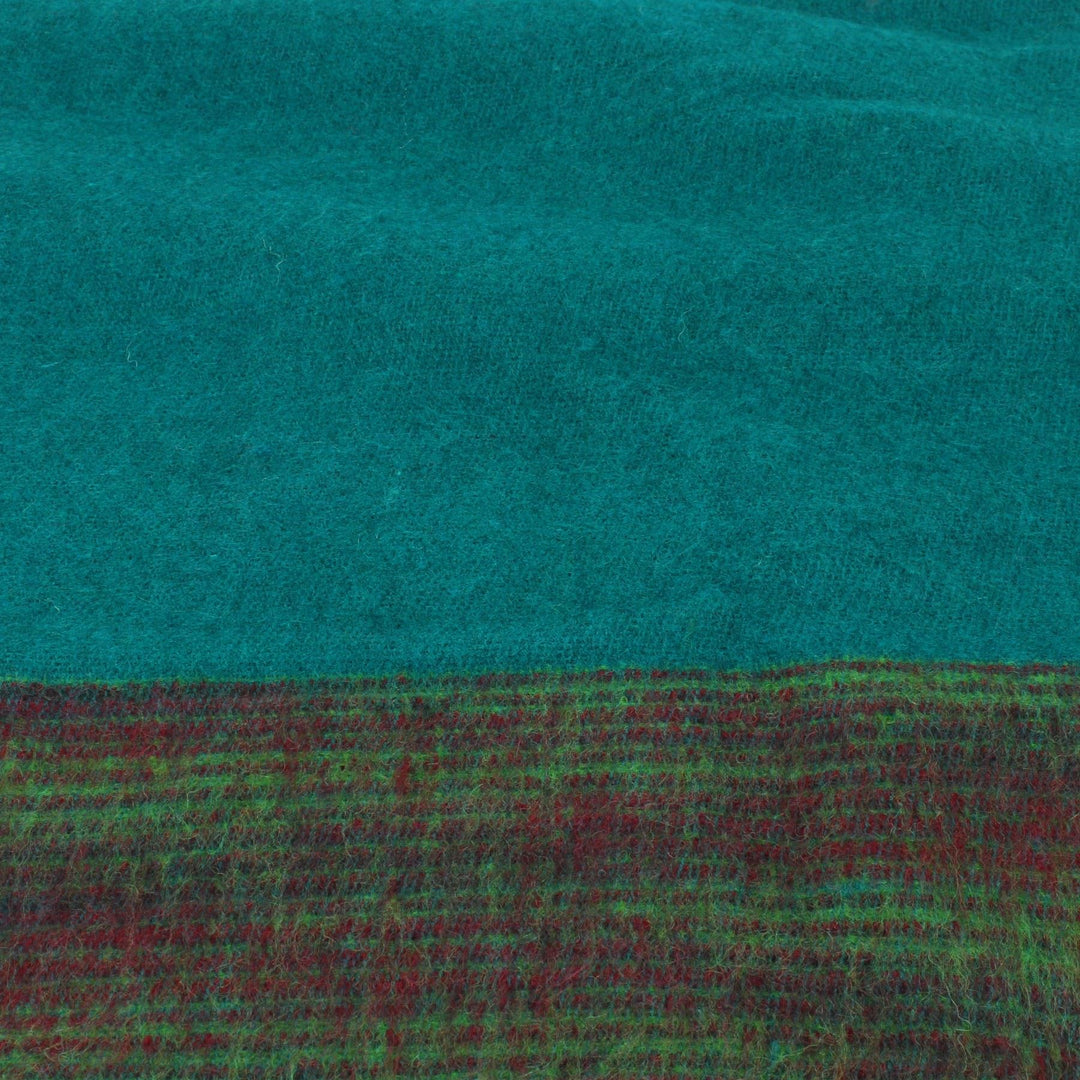 Tibetan Wool Blend Shawl Blanket - Teal with Green & Red Reverse