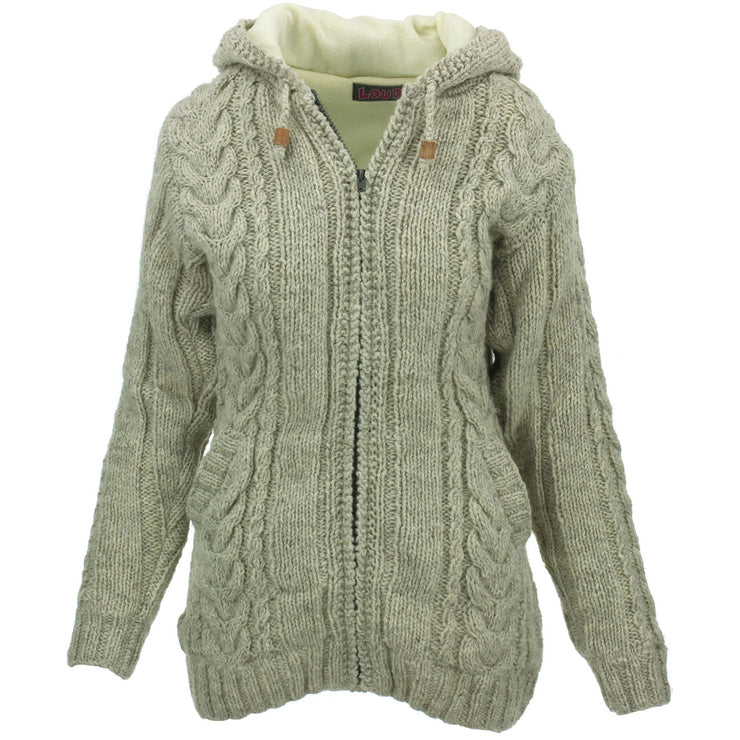 Handmade Wool Cable Knit Hooded Jacket - Light Grey