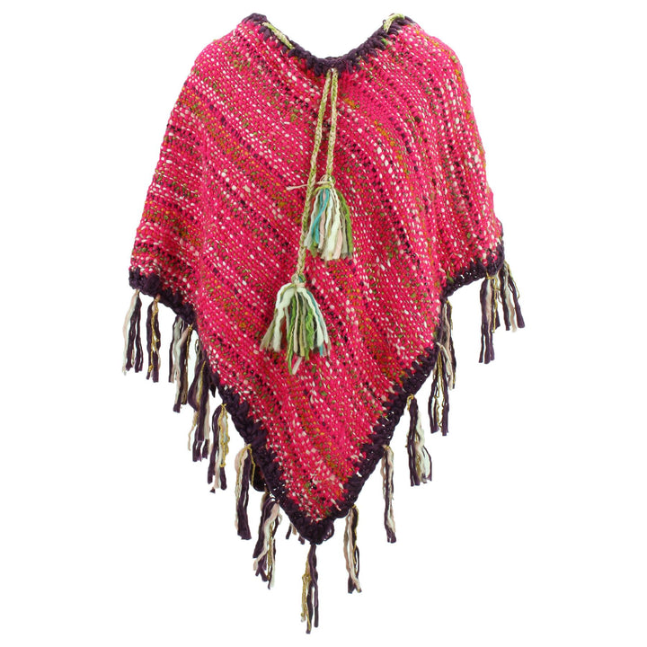 Stripe Crochet Poncho Long - Pink