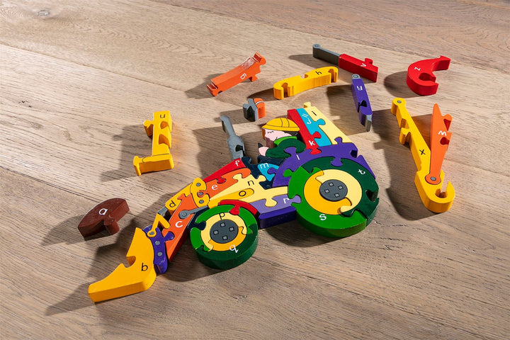 Handmade Wooden Jigsaw Puzzle - Alphabet Backhoe