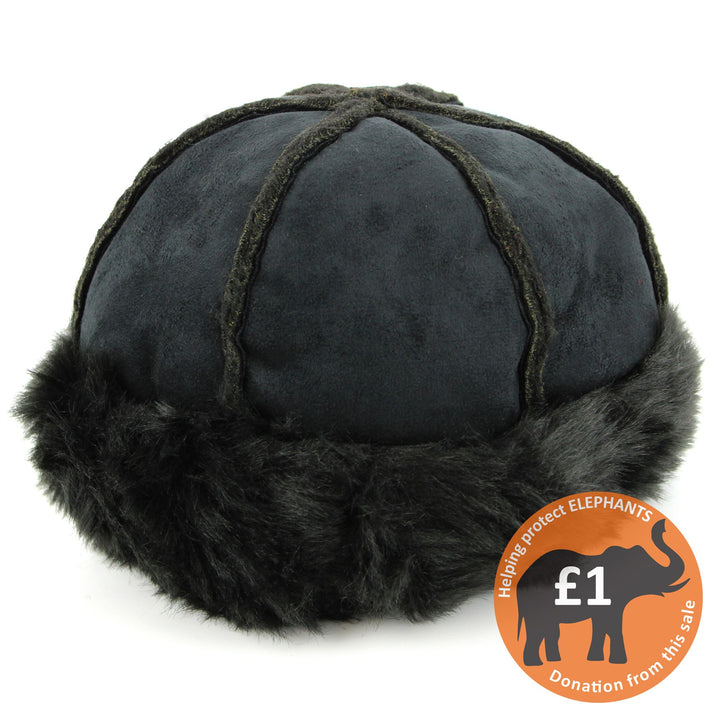 Suede Effect Hat and Faux Fur Cuff and Lining - Black