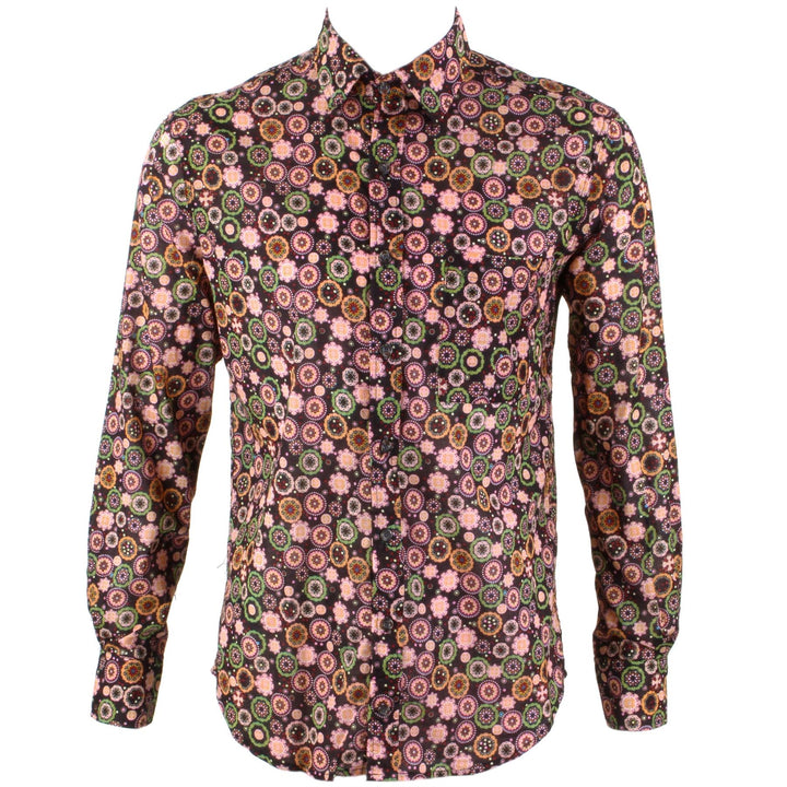 Regular Fit Long Sleeve Shirt - Black Green & Orange Abstract Circles