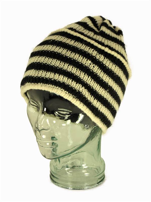 Wool Knit Ridge Beanie Hat with Fleece Lining - White & Black