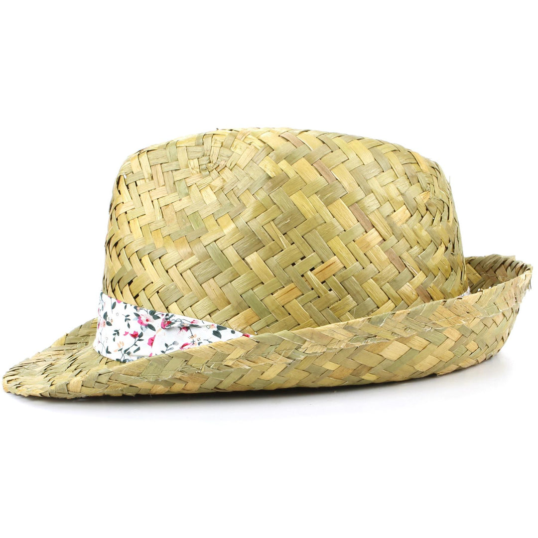 Straw Trilby Fedora Hat with Floral Print Band - Red