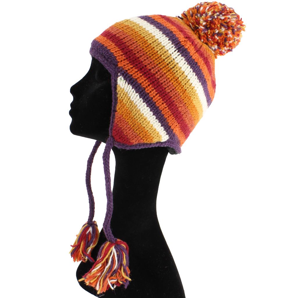 Wool Knit Earflap Bobble Hat - Stripe Orange Rust