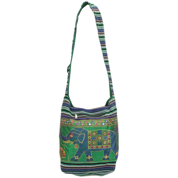 Embroidered Elephant Canvas Sling Shoulder Bag - Green Purple